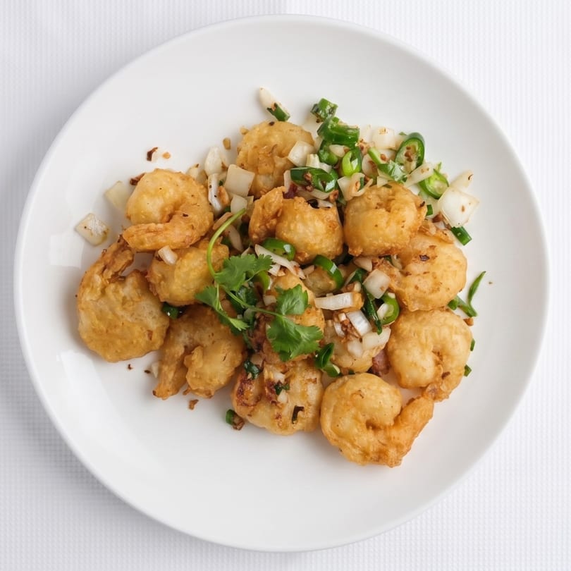 Crispy fried shrimp with chopped onions, green chilies, and cilantro on a white plate.