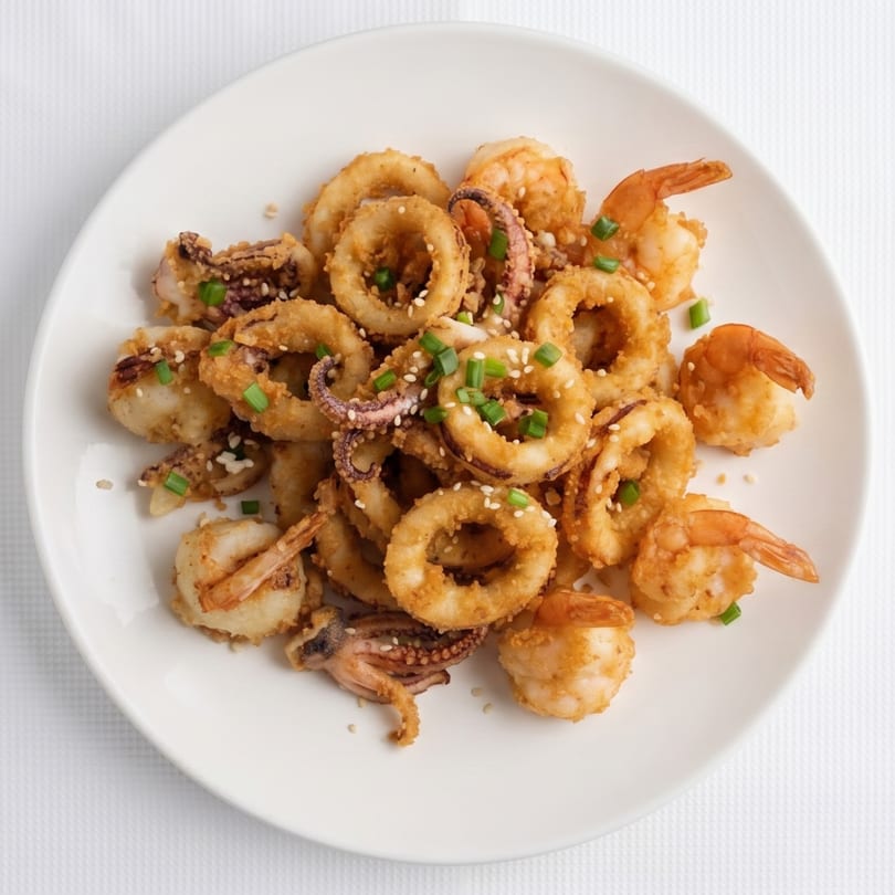 Crispy fried calamari rings and shrimp, garnished with sesame seeds and chopped green onions on a white plate.
