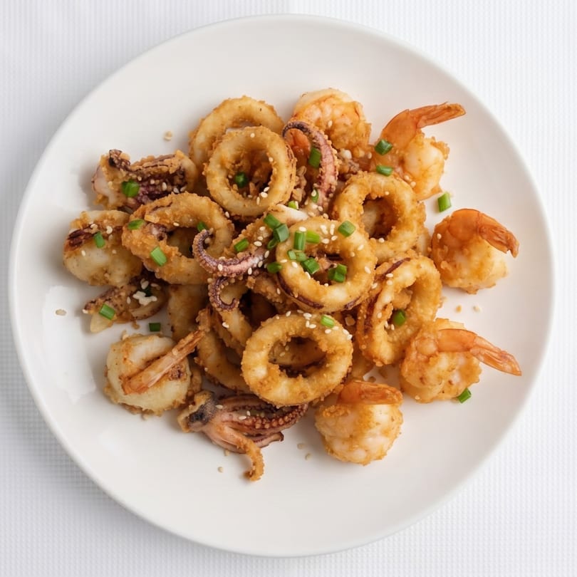 Crispy fried calamari rings and shrimp, garnished with sesame seeds and chopped green onions on a white plate.